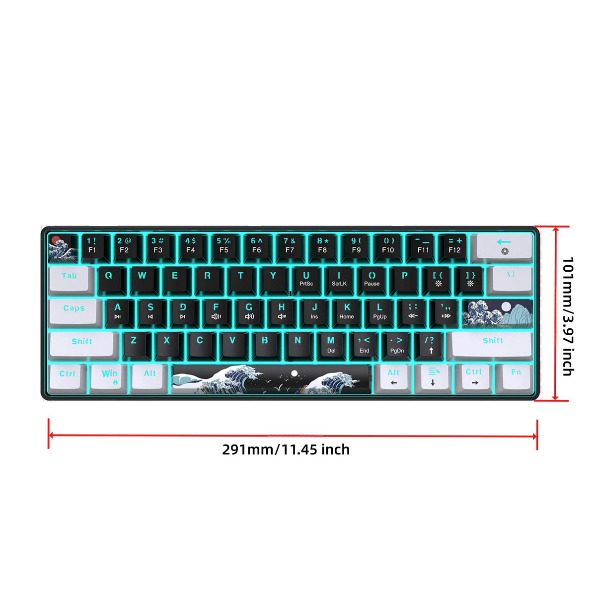 Clavier mécanique compact noir avec touches alphanumériques complètes et rangée de fonctions.
