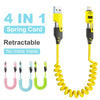 A set of four spring cord retractable charging cables in pink, blue, green, and yellow, with a yellow adapter shown.