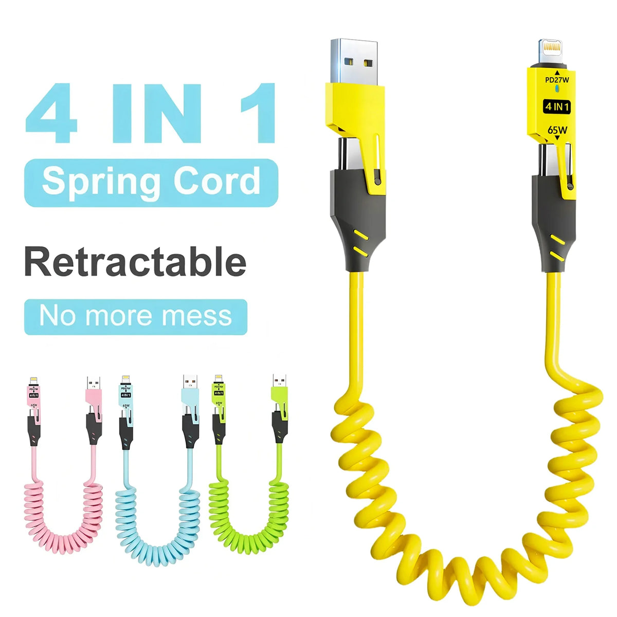 A set of four spring cord retractable charging cables in pink, blue, green, and yellow, with a yellow adapter shown.