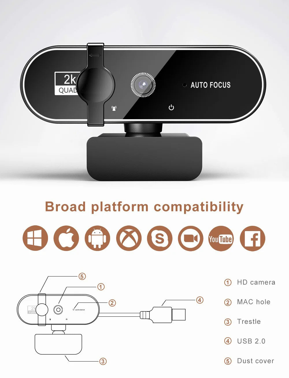 A black webcam with an auto focus feature and microphone, shown alongside compatibility icons.