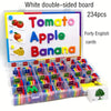 White double-sided board with forty English cards featuring pictures of Tomato, Apple, Banana, and other fruits.