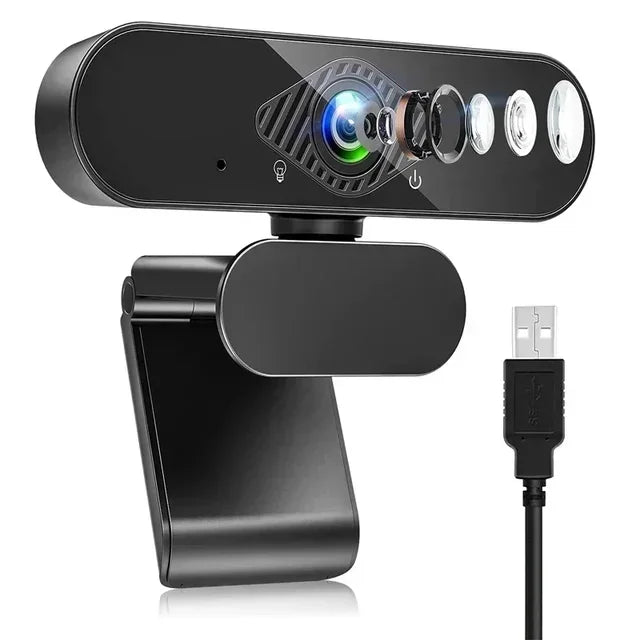 كاميرا ويب سوداء بدقة 1080P مع ميكروفون مدمج وموصل USB.