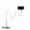 A white flexible gooseneck phone clamp mount with a smartphone attached, shown against a white background.