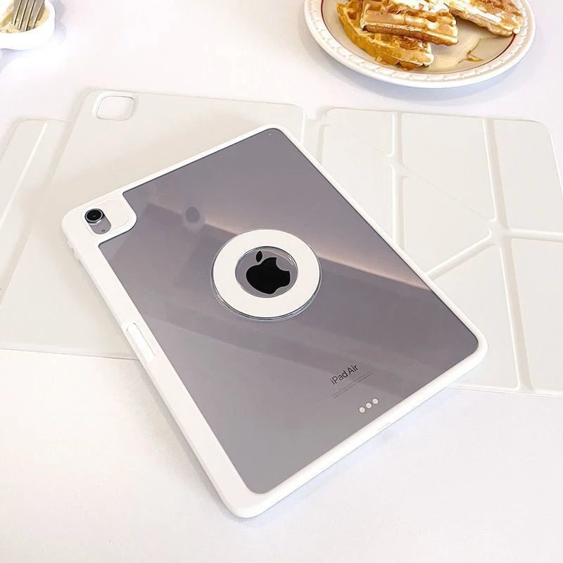A silver iPad Air is shown resting on a white protective case next to a plate of waffles.