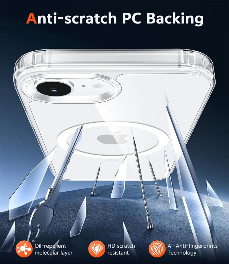 Clear PC backing for a phone case demonstrating anti-scratch and oil-repellent features.