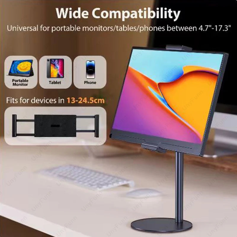 An adjustable desktop monitor stand with a vibrant screen, shown next to various electronic devices.