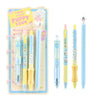 A set of four cute heart-shaped gel pens with animal patterns in light blue and yellow packaging.
