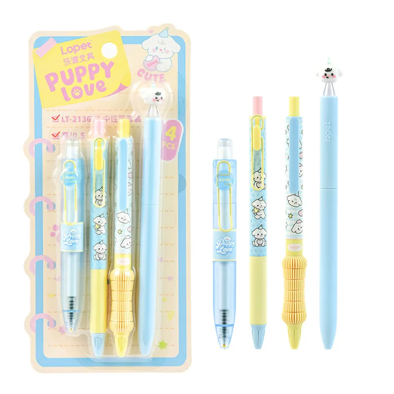 A set of four cute heart-shaped gel pens with animal patterns in light blue and yellow packaging.