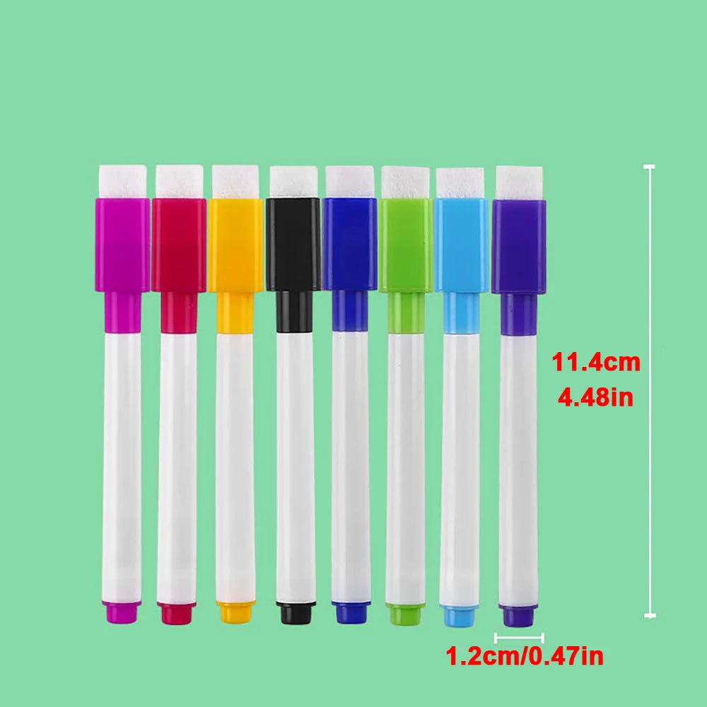 Eight magnetic whiteboard pens in various colors including purple, red, yellow, black, blue, green, and cyan.