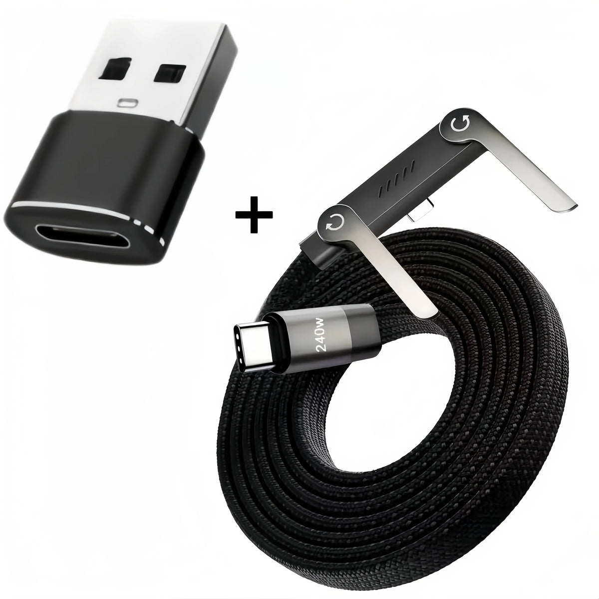 A black foldable fast charging cable with an integrated phone stand and a coiled black charging cord.