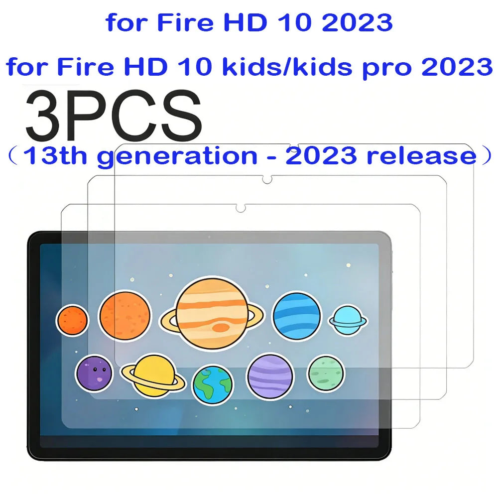 A set of three tempered glass screen protectors for the Amazon Fire HD 10 tablet, featuring colorful planetary designs.