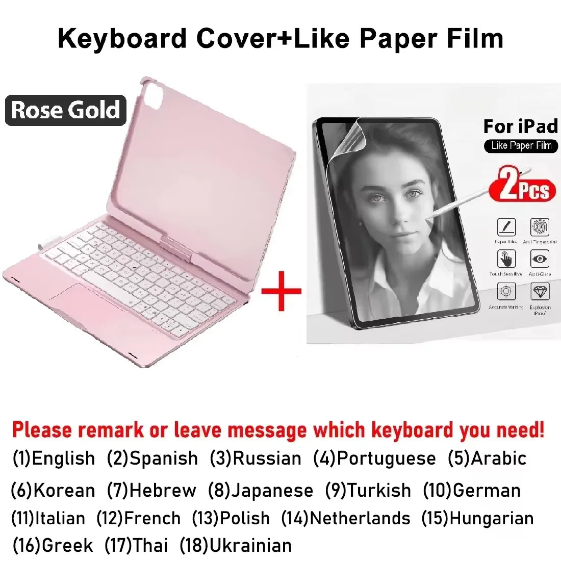 Rose Gold Keyboard Cover like paper film for iPad with a woman's face