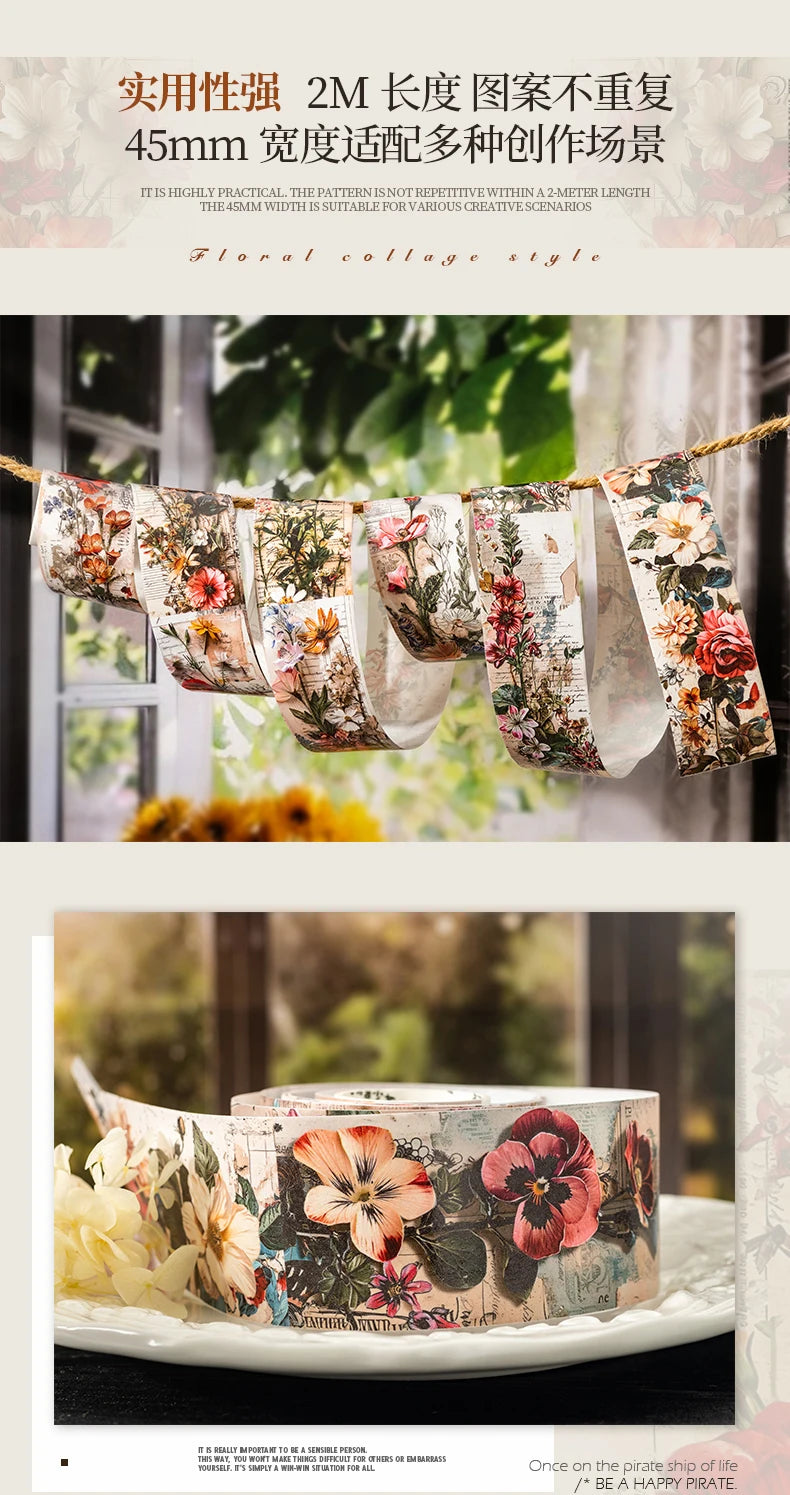 Floral collage style decorative washi tape featuring flowers and foliage used in crafting