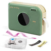 A green and beige smart Bluetooth label maker device with a transparent tape roll and accessories.