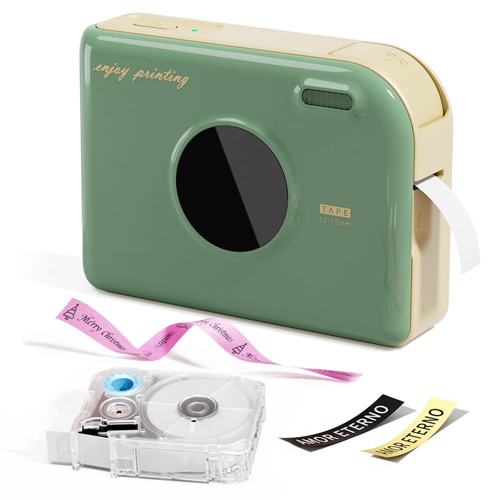 A green and beige smart Bluetooth label maker device with a transparent tape roll and accessories.