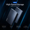 A black USB 3.1 external drive enclosure supporting a 2.5-inch HDD/SSD, shown with features like large capacity and tool-free