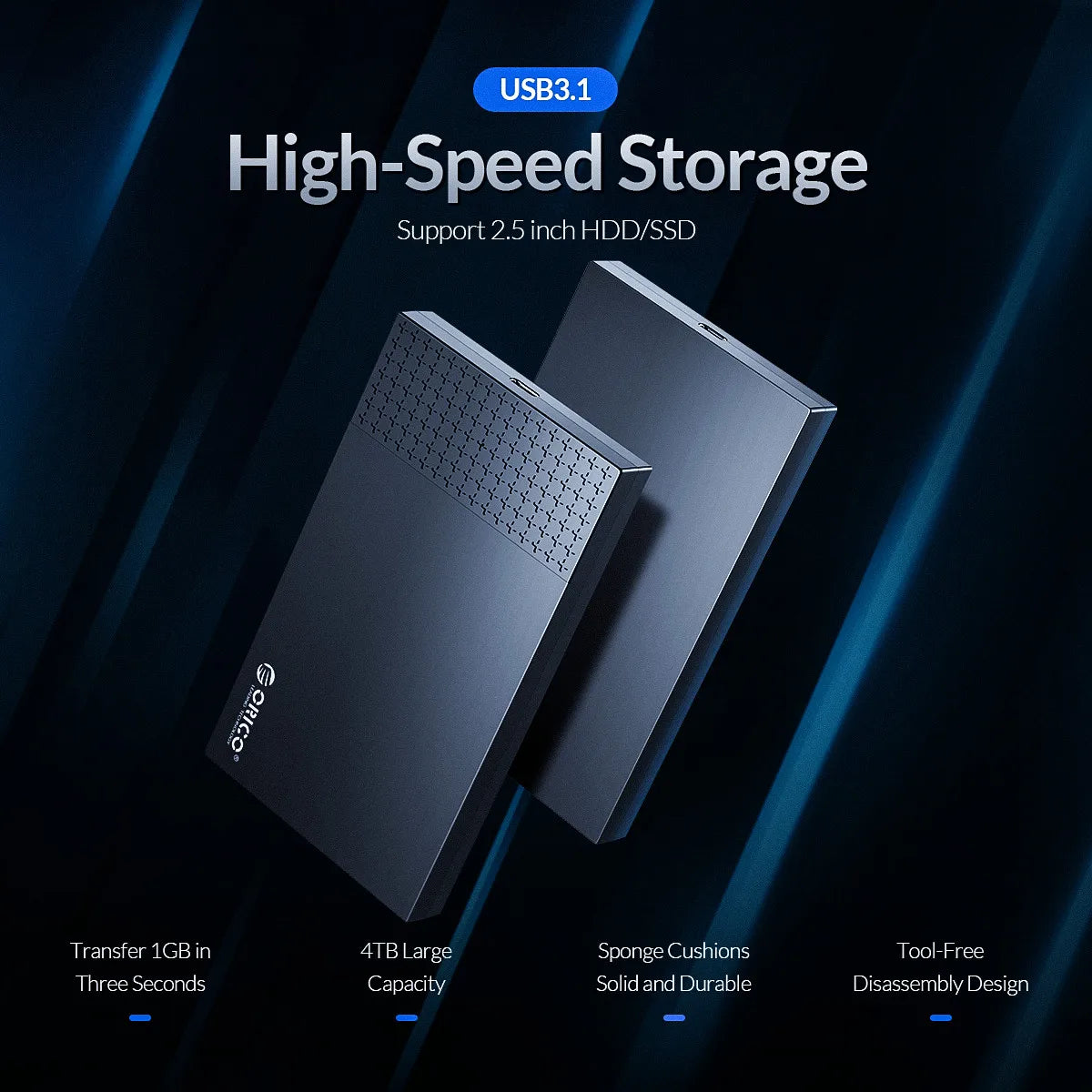 A black USB 3.1 external drive enclosure supporting a 2.5-inch HDD/SSD, shown with features like large capacity and tool-free
