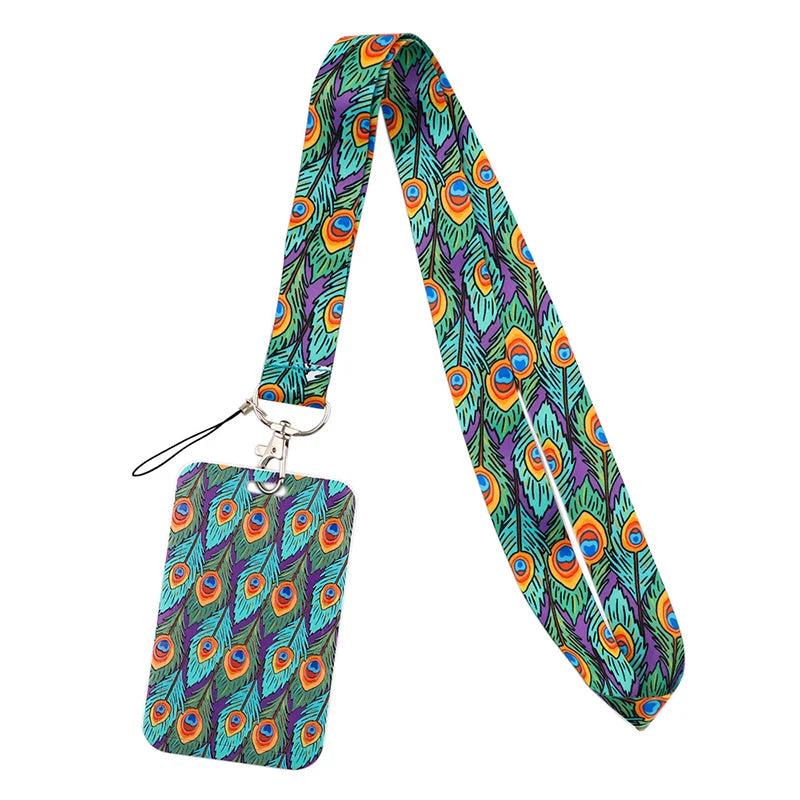 A colorful patterned fabric lanyard with a decorative tag attached.