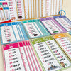 Eine Sammlung farbenfroher englischer Phonics-Karteikarten mit Buchstaben, Wörtern und Bildern für Kinder.