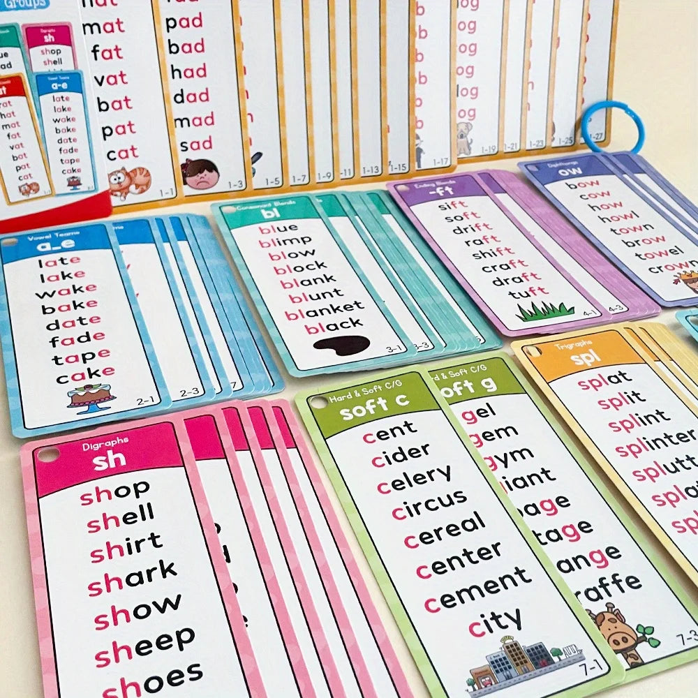 Eine Sammlung farbenfroher englischer Phonics-Karteikarten mit Buchstaben, Wörtern und Bildern für Kinder.