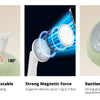 A magnetic pillow stand allows multiple adjustable viewing angles and provides a suction cup base for secure device attachmen