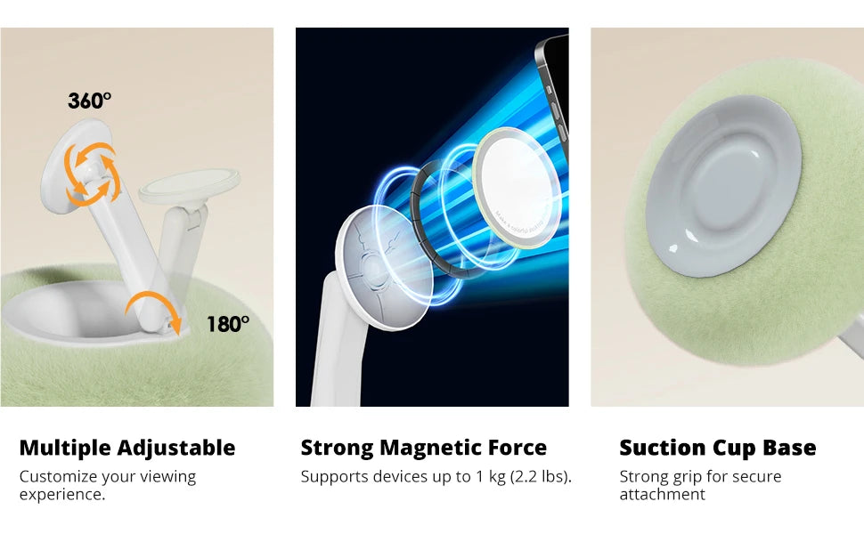 A magnetic pillow stand allows multiple adjustable viewing angles and provides a suction cup base for secure device attachmen