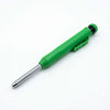 A green refillable woodworking marker pencil with a silver tip and black cap.