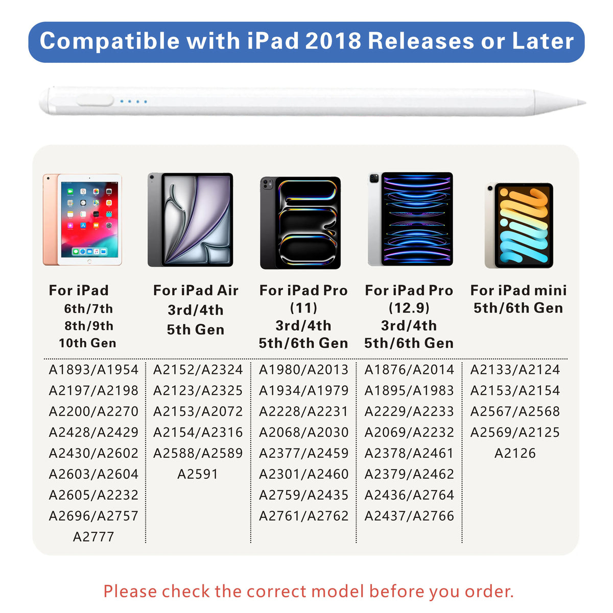 Weiiger Präzisionsneigungssensor-Stift kompatibel mit iPad-Modellen ab 2018.