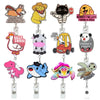A set of colorful animal-themed badge reels featuring various cartoon characters.