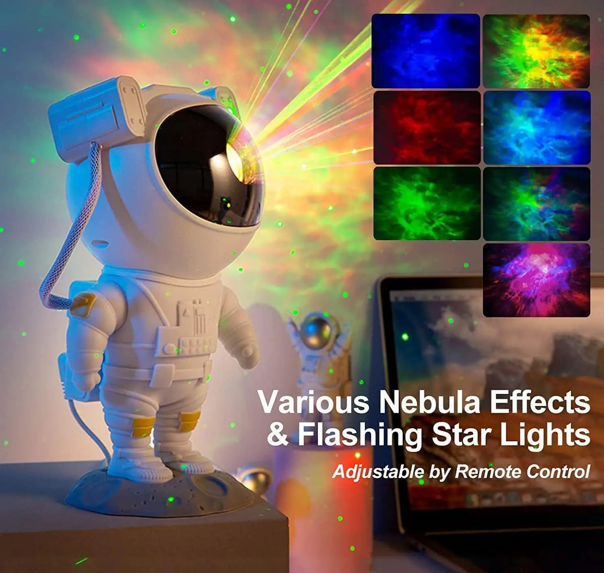 Un projecteur robot blanc affiche divers effets de nébuleuses et lumières d'étoiles clignotantes.