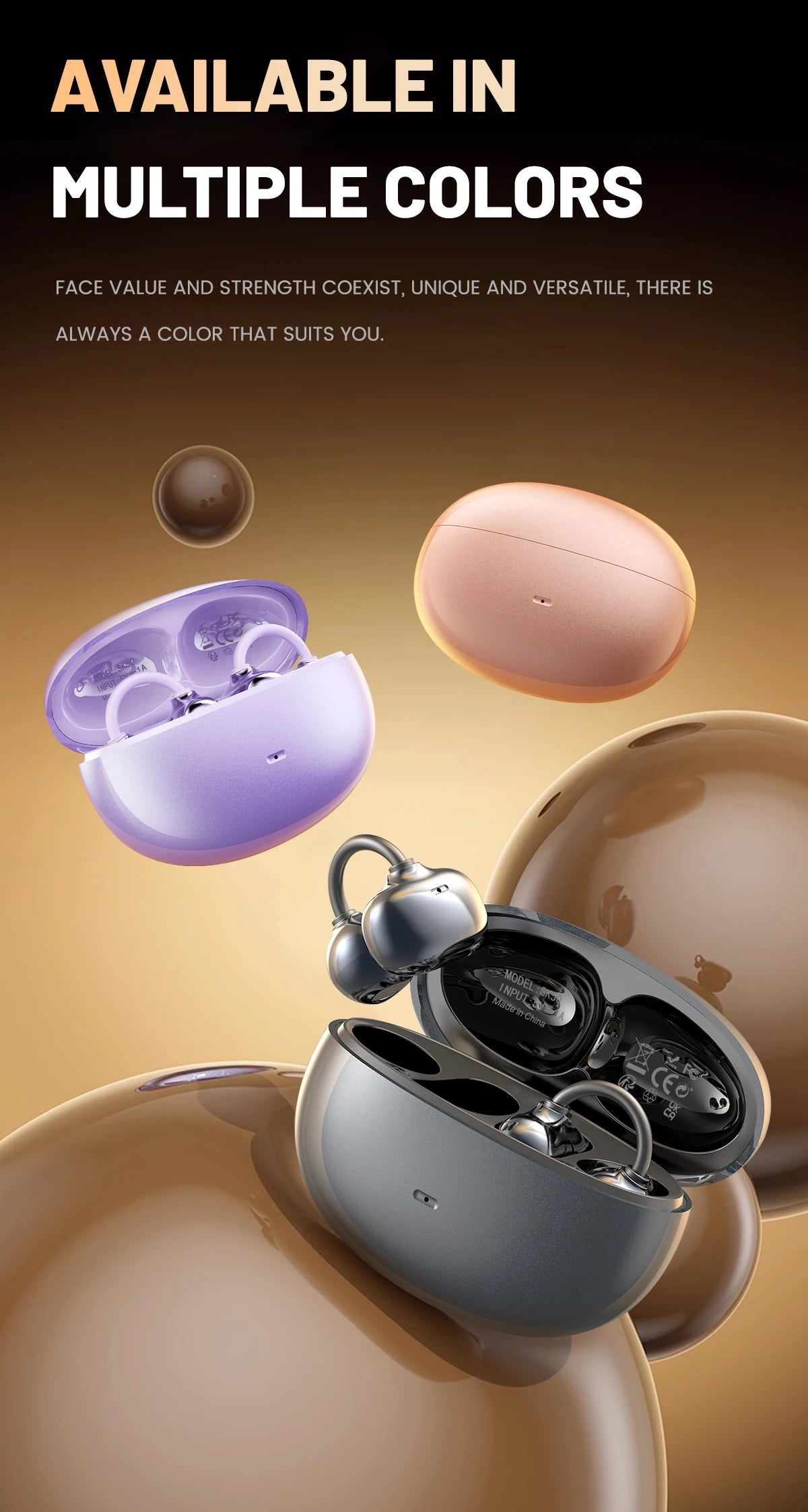 A variety of open ear clip Bluetooth earbuds in different colors, including pink and silver, are shown with their charging ca
