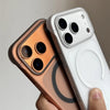 A hand holds two slim magnetic phone cases for iPhone Magsafe, one copper and one white.