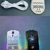 A white and black 3-mode wireless gaming mouse with RGB lighting is shown alongside its cord and a black version.