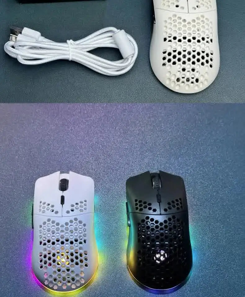 A white and black 3-mode wireless gaming mouse with RGB lighting is shown alongside its cord and a black version.