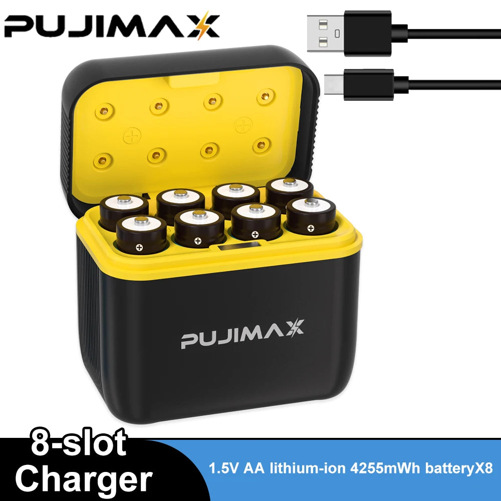 A black 8-slot charger with yellow accents and multiple battery contacts for 1.5V AA lithium-ion batteries.