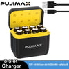 A black 8-slot charger with yellow accents and multiple battery contacts for 1.5V AA lithium-ion batteries.