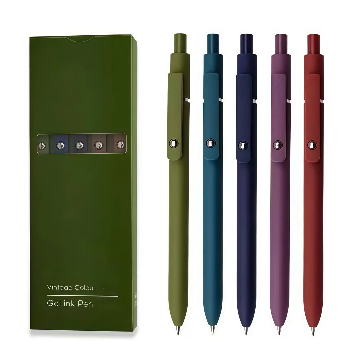 A set of five soft touch gel ink pens in various colors including olive green, teal, purple, and maroon.