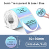 Rollo de etiquetas de papel térmico autoadhesivas de color azul láser transparente, midiendo 1.96