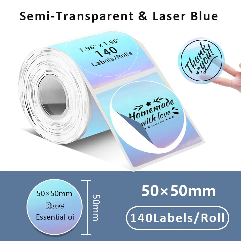 Rollo de etiquetas de papel térmico autoadhesivas de color azul láser transparente, midiendo 1.96