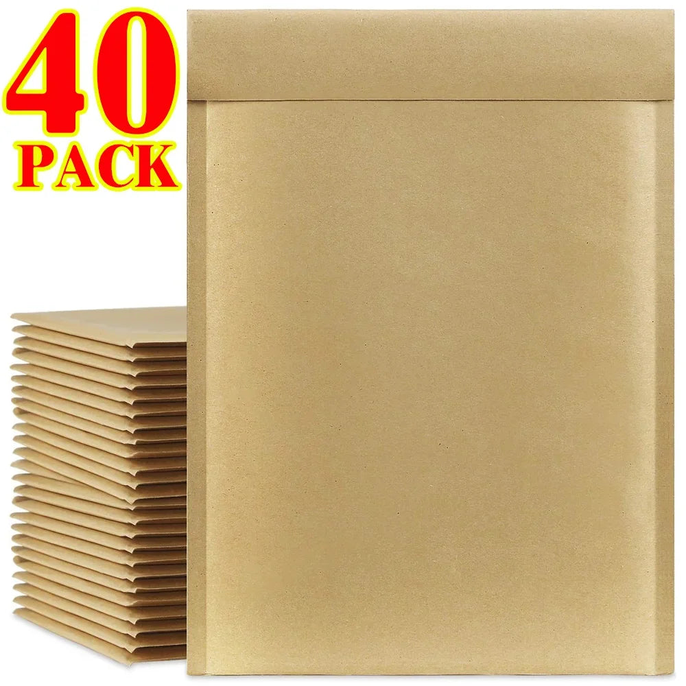 A stack of 40 kraft paper bubble mailers in a natural tan color.