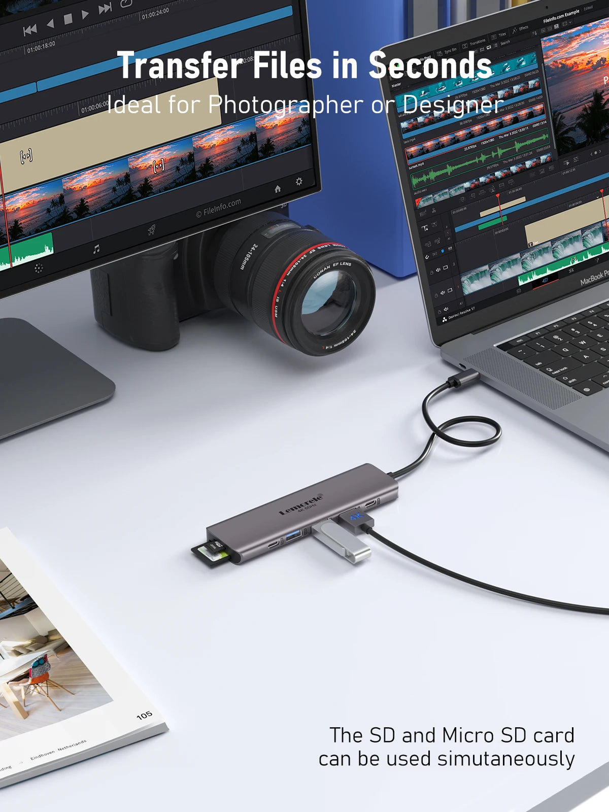 A gray USB-C docking station is shown next to a laptop and a camera lens, demonstrating file transfer capabilities.