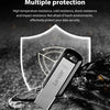 A silver Lexar flash drive is shown resting on a dark, rough rock surface with a glowing shield background.