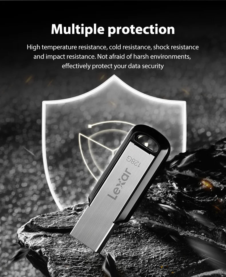 A silver Lexar flash drive is shown resting on a dark, rough rock surface with a glowing shield background.