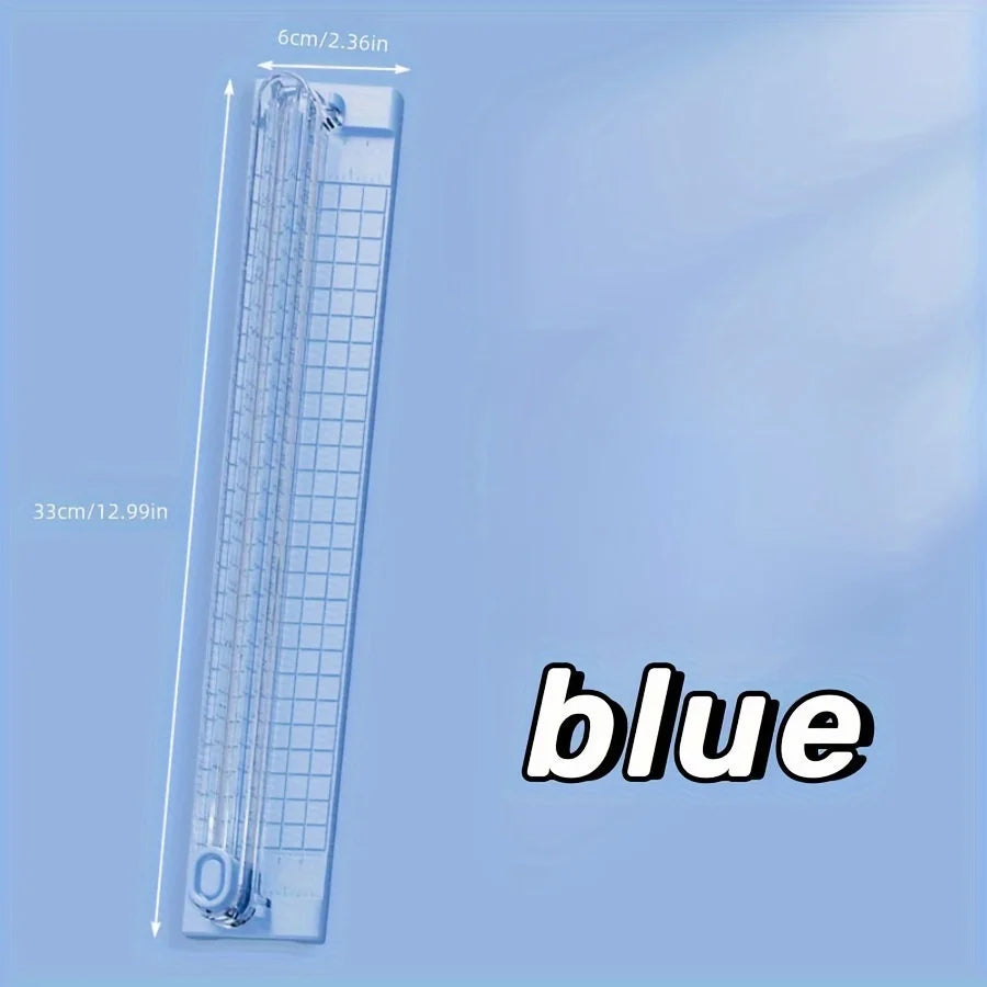 A blue portable manual paper cutter trimmer with a 33cm length and 6cm blade.