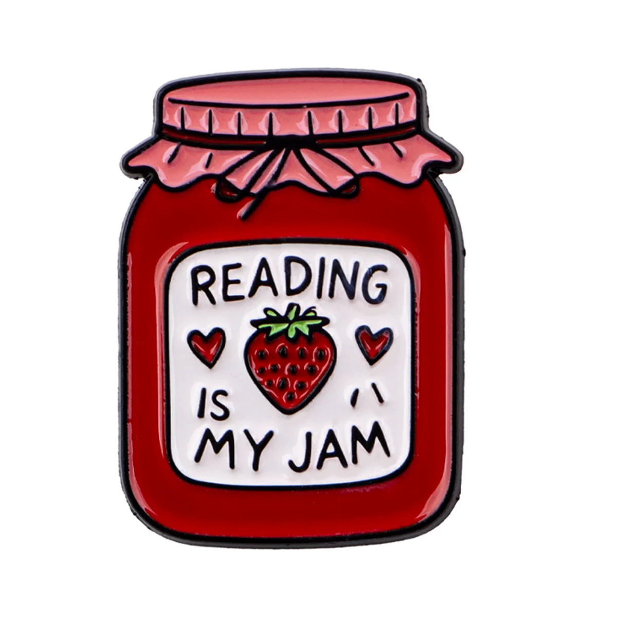 Red enamel lapel pin shaped like a jar with a pink lid and text reading is my jam