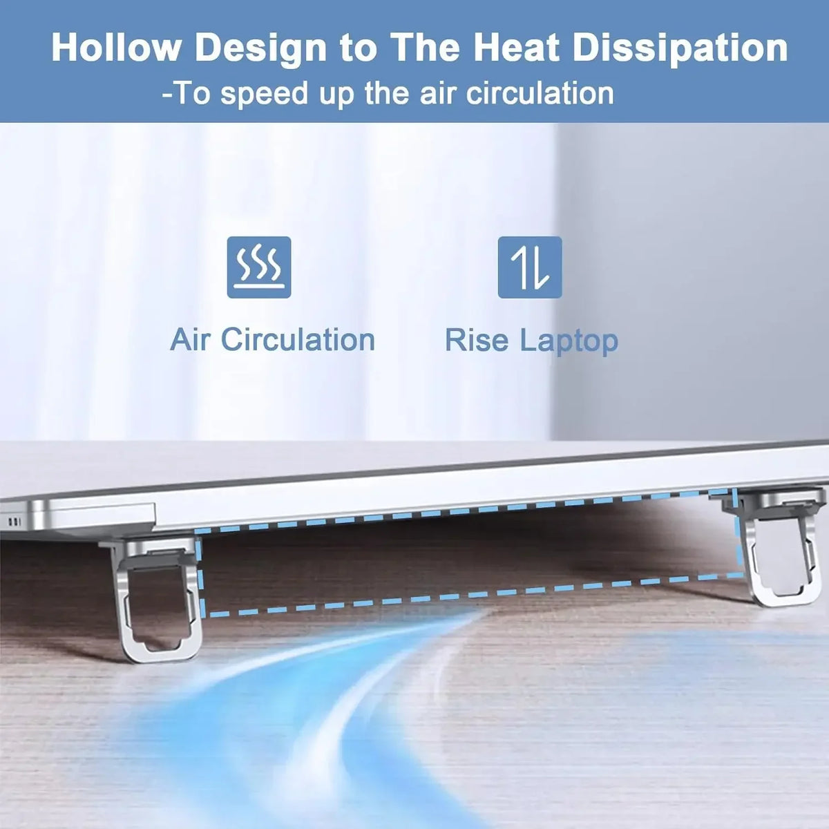 A laptop is supported by a dual angle adjustable keyboard riser stand designed for heat dissipation and air circulation.