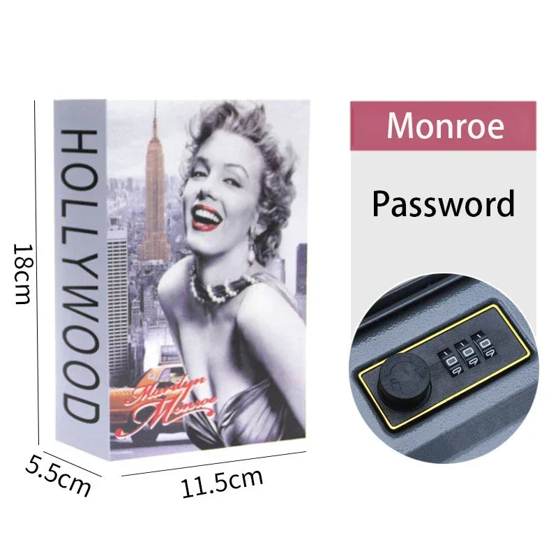 A pink and black combination lock safe box with a Monroe password panel and a Hollywood woman image.