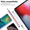 A dual-tip capacitive stylus pen is shown next to a tablet and smartphone, demonstrating wide compatibility with various devi