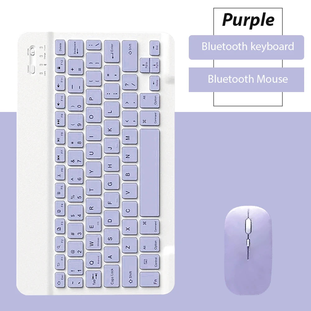Weißes und lila universelles Bluetooth-Tastatur- und Maus-Kombimodul mit vollem Tastatur und drahtloser Maus.