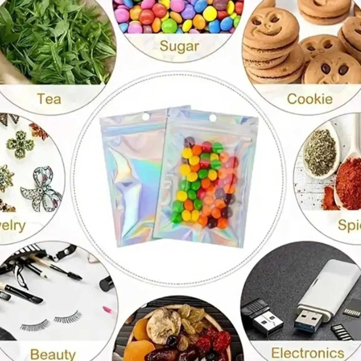 A collection of various products including tea, cookies, spices, beauty tools, and electronics, with holographic rainbow patt